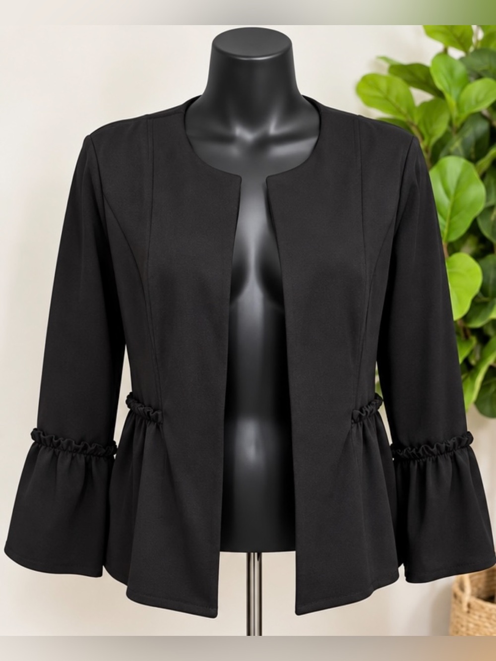 Black Women's Open Front Ruffle-Sleeve Jacket
